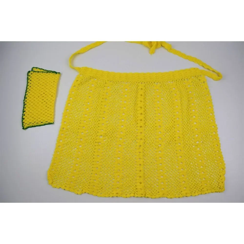 Vintage Ladies Hand Crocheted Yellow‎  1/2 Apron & Dish Cloth
